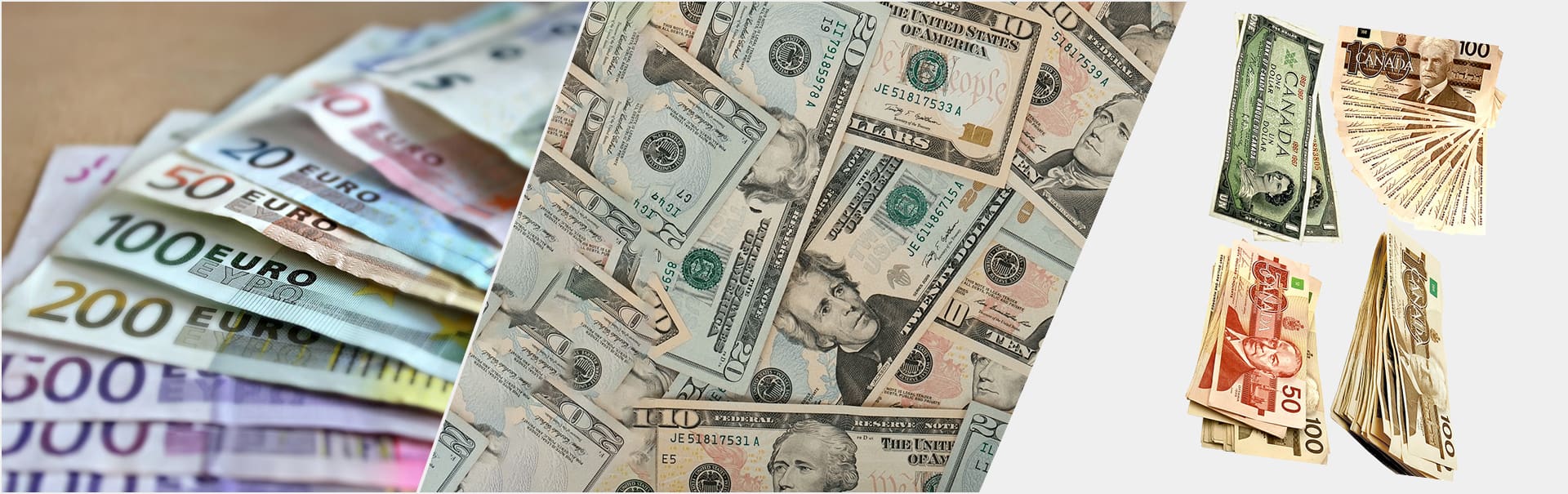 A close up of many dollar bills